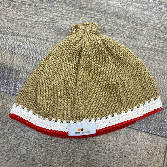 Haiti Baby Hand Knit Baby Hat 100% Pima Cotton Fair Trade SZ 0-12 Months Tan Red - Picture 1 of 5
